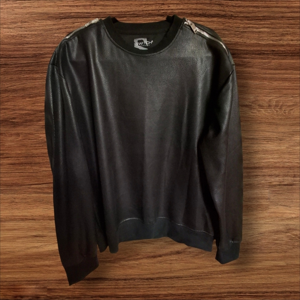 Switch Remarkable Black Faux Leather Shirt Zippers on Shoulders Men Size 2XL